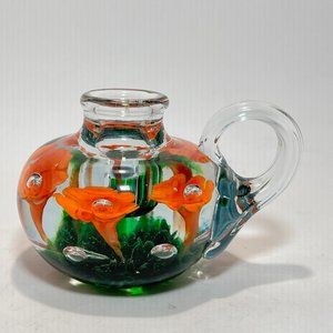 Joe St Clair Paperweight Candle Stick Holder Trumpet Bubbles Glass Flower Orange